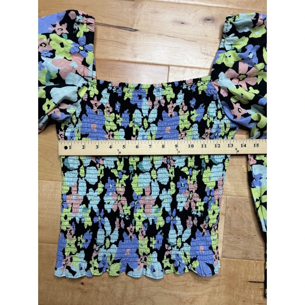 Free People Ariana Printed Cropped Top Women M Multicolor Floral Puff Sleeve